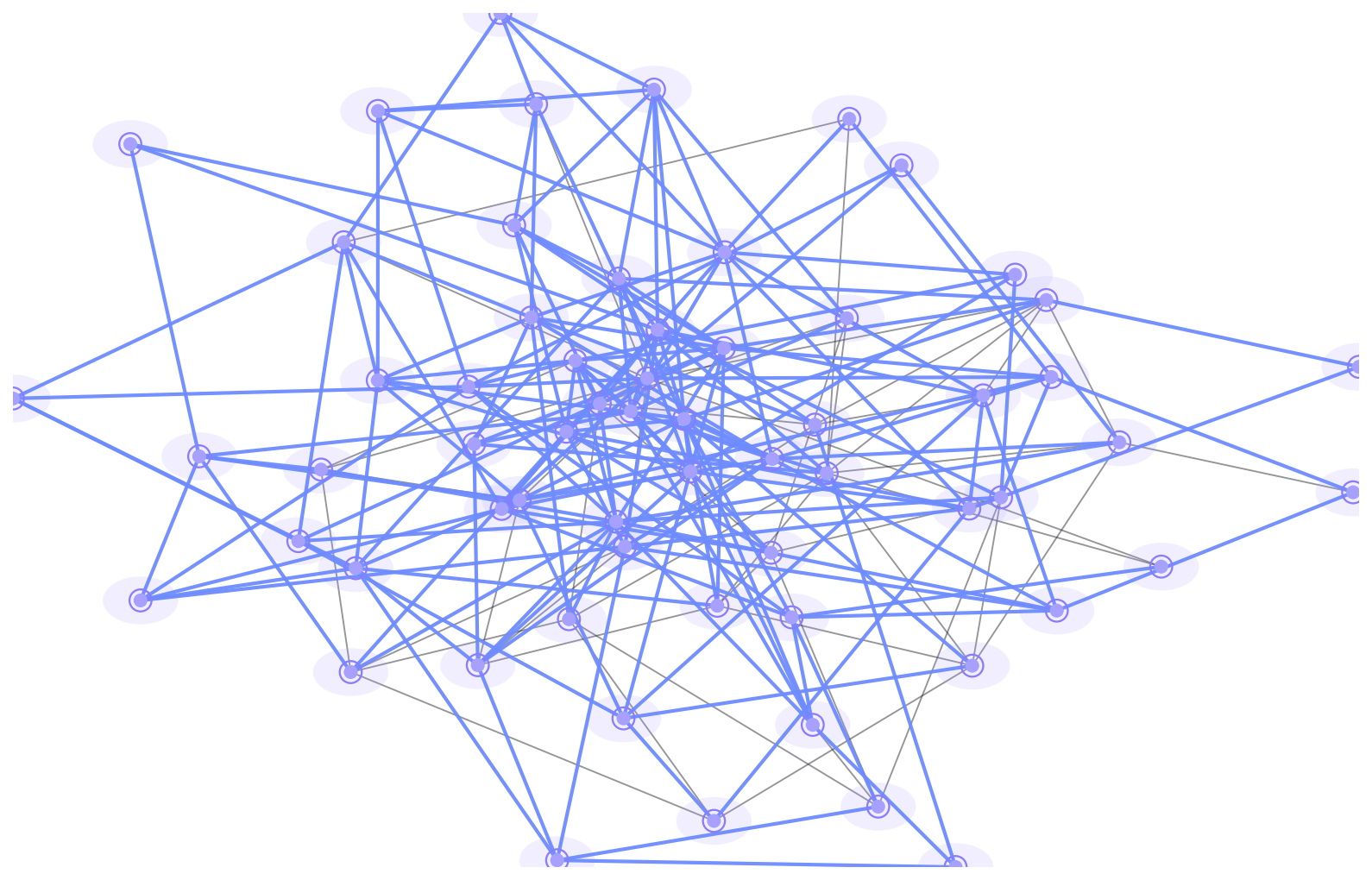 Rendered result of a Maximum Planar Subgraph solve: selected edges glow in violet and cyan over the faint input graph